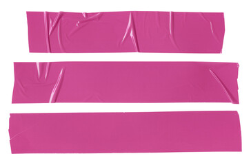 Pink adhesive tapes. Torn sticky tape set. Wrinkled adhesive tape pieces.