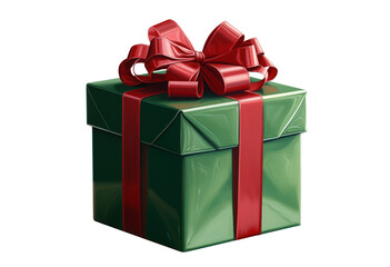 Fototapeta premium Green gift box with red ribbon on transparent background, a Christmas symbol