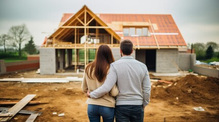 Young couple from the back looking to their newly built dream house - obrazy, fototapety, plakaty