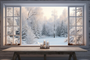 A cottage window opens to reveal a snowy winter forest landscape, making it an ideal backdrop for product displays. Generative Ai. - obrazy, fototapety, plakaty