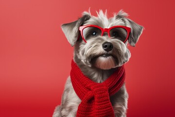 The Stylish Canine: A Dog Rocking Glasses and a Fashionable Red Sweater on a Red Background. A dog...