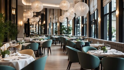 Tables Ready at a Large Luxury Restaurant with a Modern Ambiance for Stylish Dining. Generated with AI