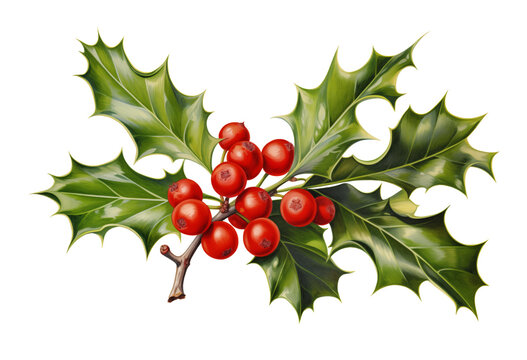 Holly branch on transparent background, a Christmas symbol