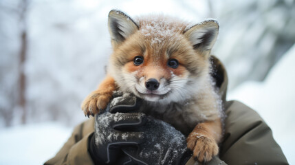 A man holds a small fox in his hands in winter - obrazy, fototapety, plakaty