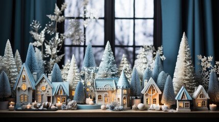 Winter miniature landscape stands in front of a window