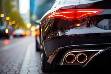 The stainless steel exhaust tip of a sports car takes the spotlight, with a car showroom serving as a bokeh-laden backdrop. The dual exhaust system enhances the rear of the black car. Generative Ai. - obrazy, fototapety, plakaty