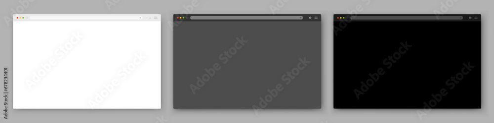 Poster a set of three browser windows white, gray and black on a dark background. website layout with searc