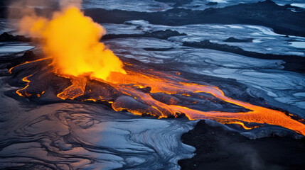 Fototapeta premium éruption volcanique avec coulée de lave sur les terres gelées d'Islande
