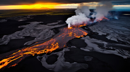 éruption volcanique avec coulée de lave sur les terres gelées d'Islande - obrazy, fototapety, plakaty