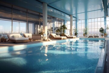 indoor swimming pool, with various interiors. generative ai
