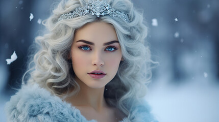 Young beautiful blonde woman against the backdrop of a winter landscape