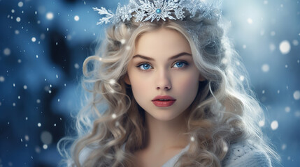 Young beautiful blonde woman against the backdrop of a winter landscape