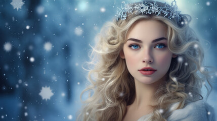 Young beautiful blonde woman against the backdrop of a winter landscape
