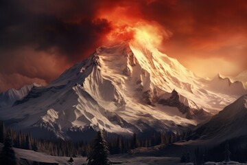 Eruption of a volcano in mountainous regions covered with snow, resulting clouds of smoke - obrazy, fototapety, plakaty