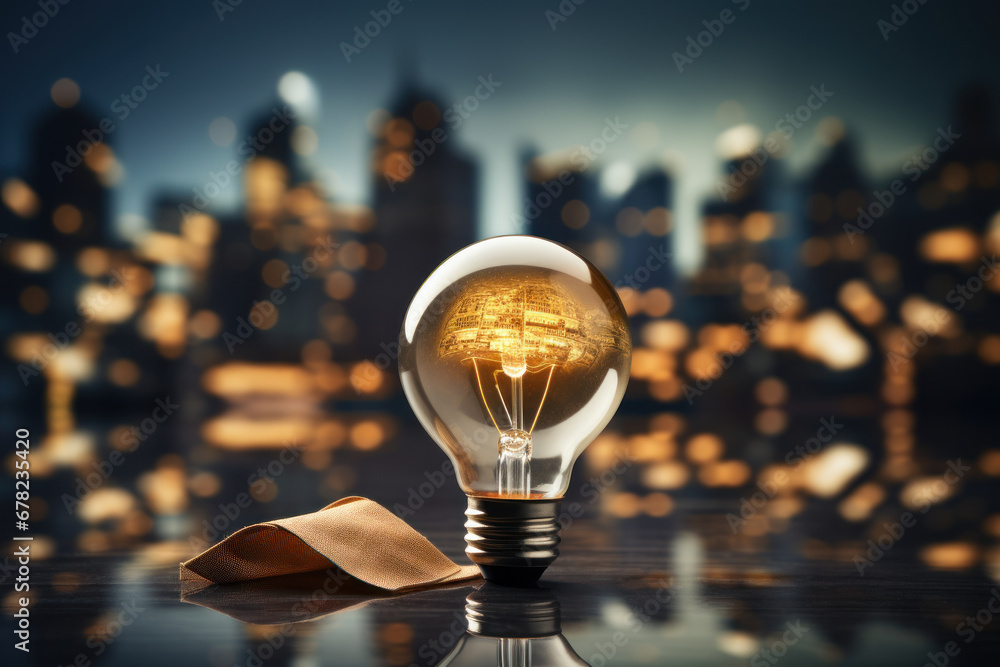 Poster a yellow scrap paper ball interacts with a virtual lightbulb, with the year 2024 in the background, 