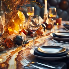 Fototapeta na wymiar A festive autumn dinner table setting with pumpkins, candles, ready for a Thanksgiving feast, Christmas feast, Happy new year feast 