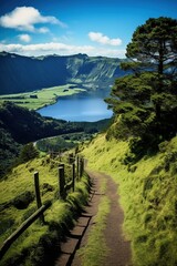Walking path to the lake in the mountains, Azores, Portugal - obrazy, fototapety, plakaty