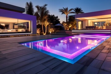 swimming pool in modern villa with colored led lights on dusk background. generative ai