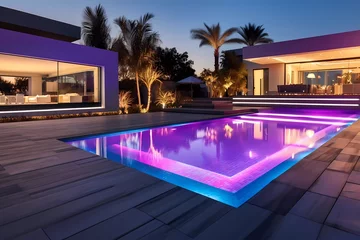 Fotobehang swimming pool in modern villa with colored led lights on dusk background. generative ai © KBL Sungkid