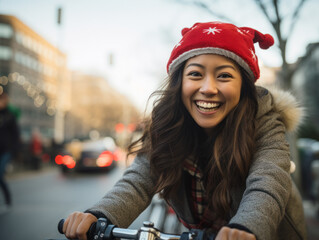 Riding a bike through the streets wearing a Santa hat
 - obrazy, fototapety, plakaty