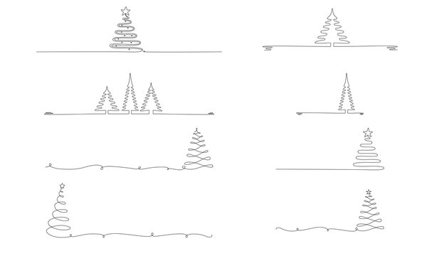Christmas tree - hand drawing one single continuous line set. Vector stock illustration isolated on background for design template winter banner, greeting card, invitation. Editable stroke.