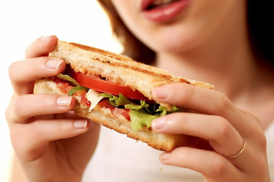 A Woman's Mouth Indulging in the Pleasures of a Delectable Sandwich Feast AI generated