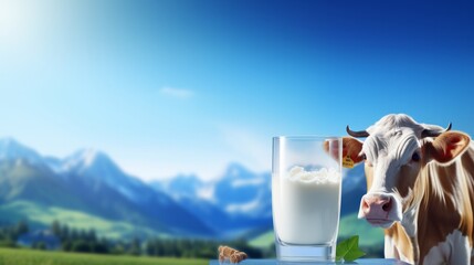 
A glass of cow's milk set against the backdrop of mountain scenery, featuring a new high-quality, universally colorful festive image design illustration. - obrazy, fototapety, plakaty