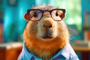 cute tired capybara wearing glasses and shirt working in the office. Clerk Capybara in office. pet at work. Funny rodent prepare presentation. Business scene - obrazy, fototapety, plakaty