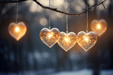 Garland with lanterns with hearts in winter park, Christmas or Valentine's day background....