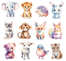 Baby animals watercolor cartoon set. Hand drawn vector set small animals bunny, fox, squirrel, tiger, lion, hedgehog.