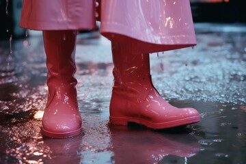 Woman in pink rubber boots and raincoat in rain, close-up of legs. Generative AI - obrazy, fototapety, plakaty