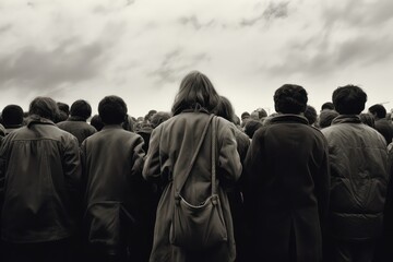 Black and white image of crowd refugees or protesters viewed from the back. Generative AI