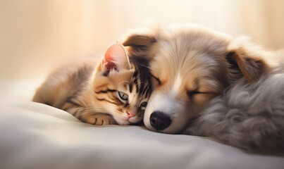 Fototapeta na wymiar Serenity Nap: Puppy and Kitten Drifting Into Dreamland Together