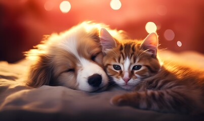 Dreamy Duo: Sleeping Puppy and Kitten in Perfect Harmony