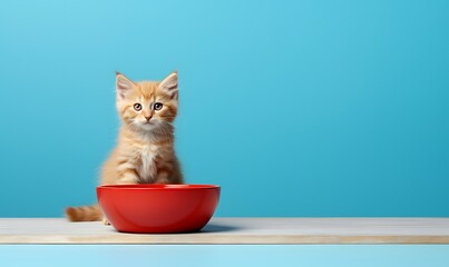 Kitty Culinary Charm: Red Food Bowl on Blue