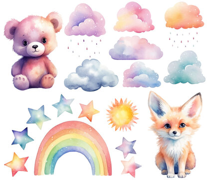 Watercolor baby bear, fox. Set of vector hand drawn nursery elements, clouds rainbow, stars, wall stickers