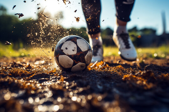 Photo close up of foot kicks the ball. Leg in boot playing football in a muddy field. Soccer kids player with ball. Generative AI