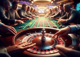Obraz premium Casino roulette table closeup, golden wheel and gamblers around