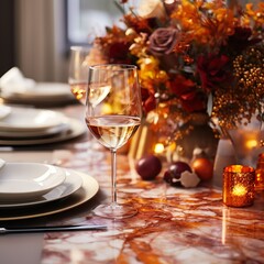 Obraz na płótnie Canvas A festive autumn dinner table setting with pumpkins, candles, ready for a Thanksgiving feast, Christmas feast, Happy new year feast 