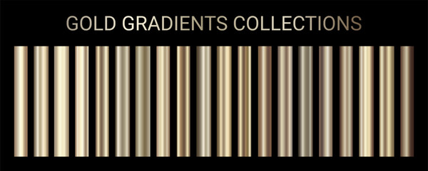 Gold gradients vector set. Colorful golden metallic gradient gradations for backgrounds, frame, ribbon, coin, label, medal, flyer, Christmas card, New Year invitation card. Vector template EPS10