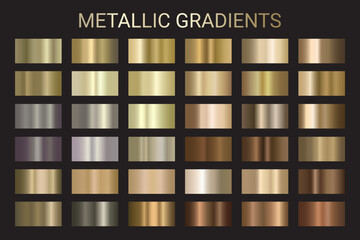 Gold, silver, bronze vector gradients set. Collection of colorful metallic gradient swatches for background, frame, ribbon, coin, label, flyer, Christmas cards, New Year card Vector template EPS10