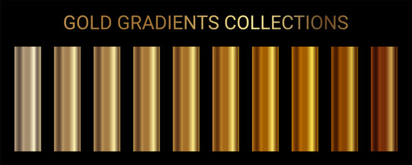 Golden vector gradients set. Collection of colorful metallic golden gradient gradations for backgrounds, frame, ribbon, coin, label, flyer, medal, Christmas card, New Year card Vector template EPS10