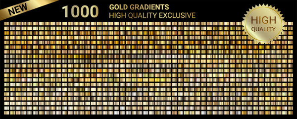 1000 Gold Gradients High Quality Exclusive vector. Golden metal gradients vector set. Gold, bronze metallic palette. Collection of golden, chrome metal color swatches for background, certificate