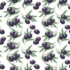 Background with olives. Seamless pattern, black olives and twigs with leaves on a white background. Print, vector