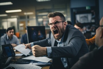 Office Frustration: Annoyance Unveiled in Expression. - obrazy, fototapety, plakaty