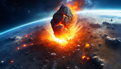 Meteor crashing on the surface of an earth-like planet. Ai generated image.