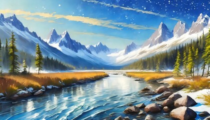 Mystical valley under a starry night sky. Painting textures, Ai generated.