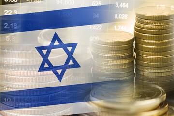 Stock market investment trading financial, coin and Israel flag or Forex for analyze profit finance business trend data background.