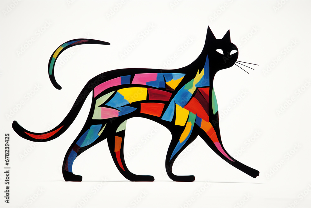 Poster A whimsical abstract silhouette of a cat poised to pounce, its form exaggerated and elongated for artistic effect.