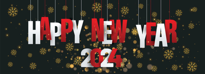 2024 Happy New Year illustration with typography lettering and Christmas ball on dark background. Holiday design for flyer, greeting card, banner, celebration poster, party invitation or calendar...